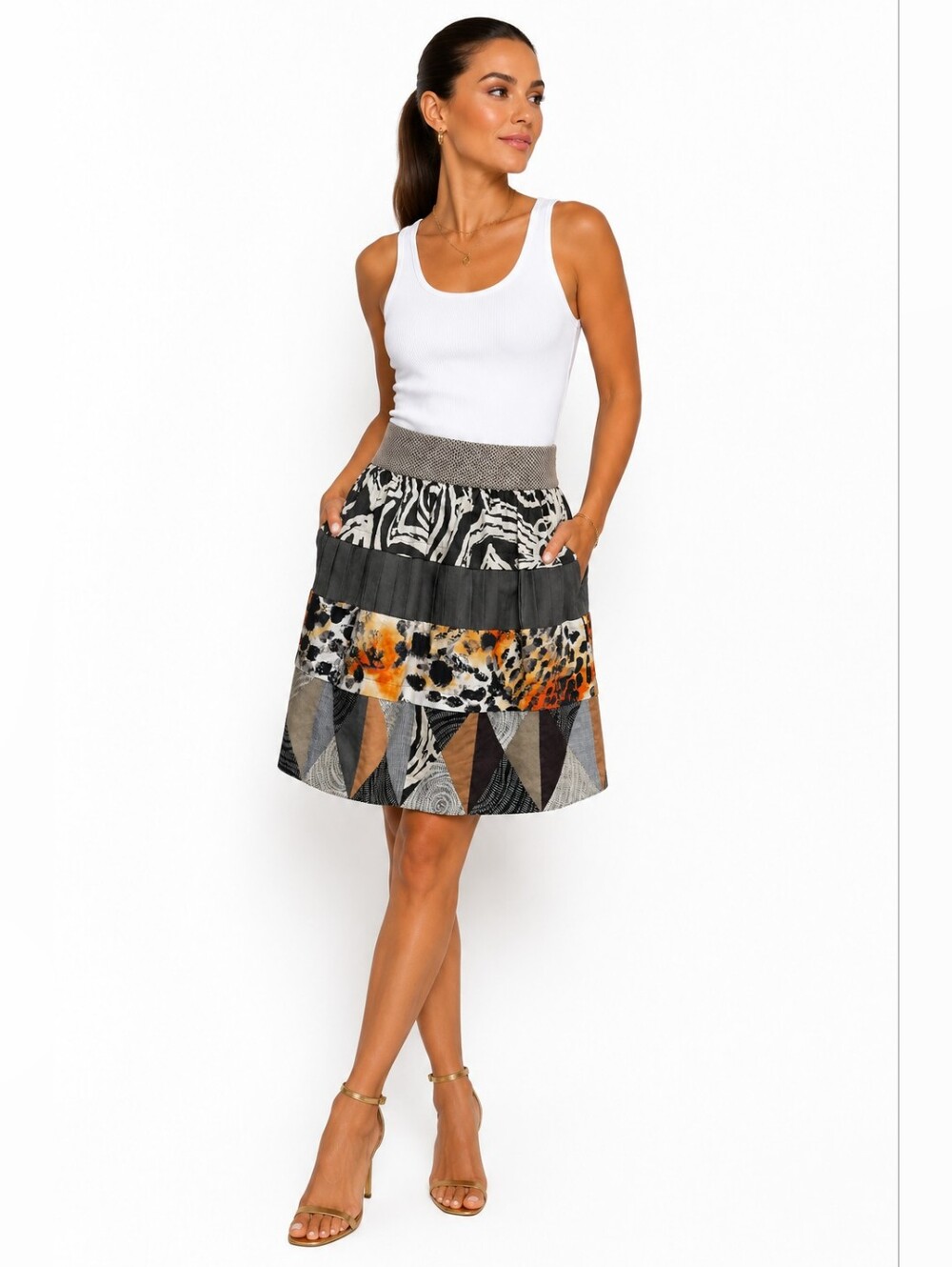 Diane Von Furstenberg Patchwork Bubble Hem Side Pocket Skirt Women's 10